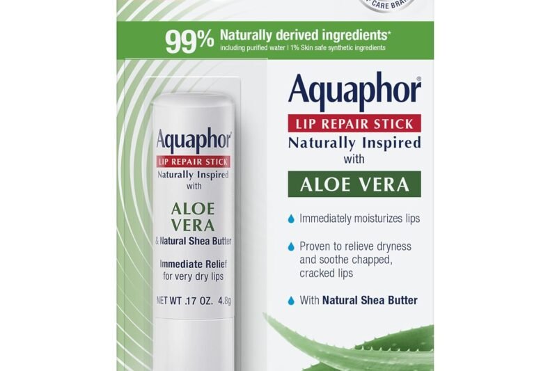Aquaphor Naturally Inspired Lip Repair Stick with Aloe Vera and Natural Shea Butter, Hydrating Lip Balm Immediately Relieves Dryness, 0.17 Oz Stick