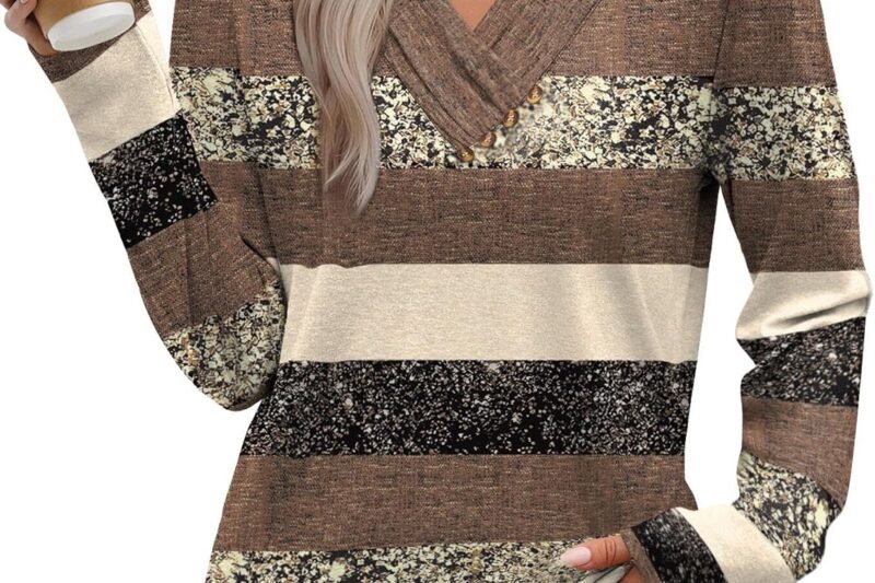 WIHOLL Long Sleeve Shirts for Women Fall Outfits V Neck T Shirts Button Down Tunic Tops Fashion Clothing