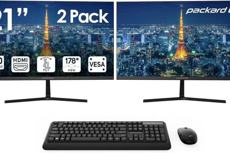 Packard Bell airFrame 21″ FHD Monitors + Wireless Keyboard & Mouse, VESA Mount Compatible, HDMI/VGA, Tilt, Slim Bezel, for Home, Office, Light Gaming – 2 Pack