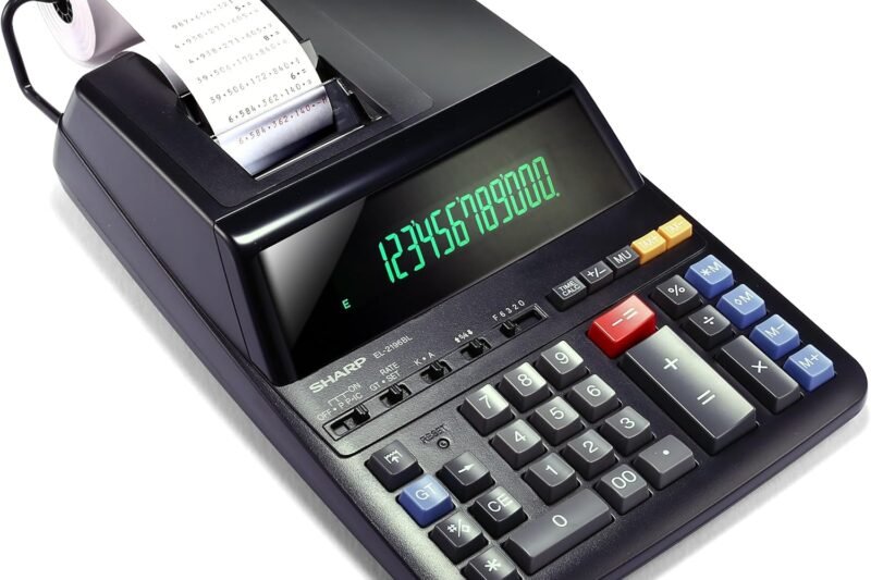 Sharp 12-Digit Print Calculator Desktop Size Adding Machine, Perfect for Everyday Use and Office, Bright, Large Easy-to-Read Numbers on Both The Display and The Two-ColorPrinted Tape (EL2196BL)
